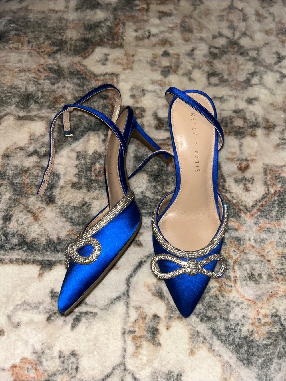 Kelly & Katie Cobalt Satin Pointed Slingback Heels with Crystal Bow